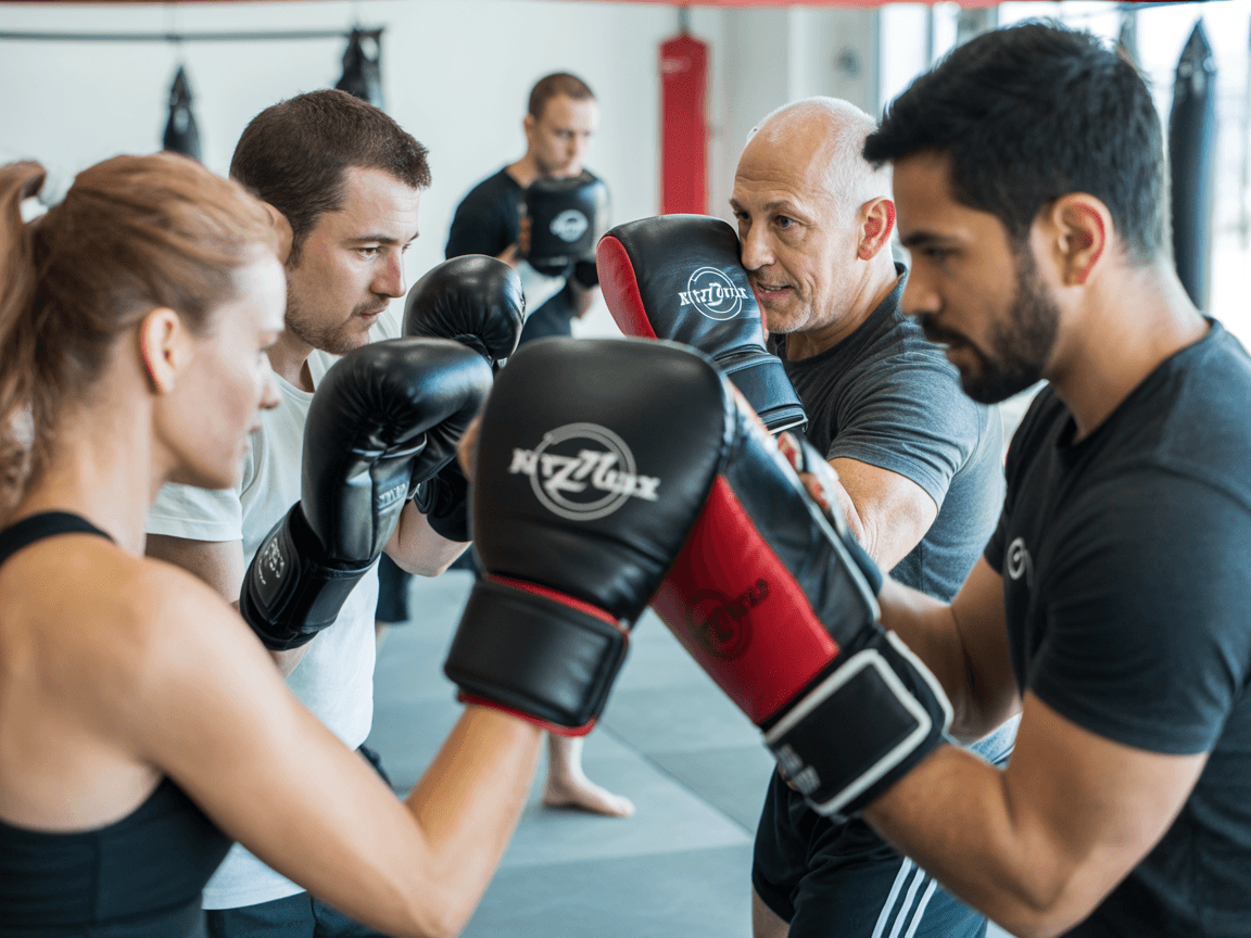 Adults practicing kickboxing